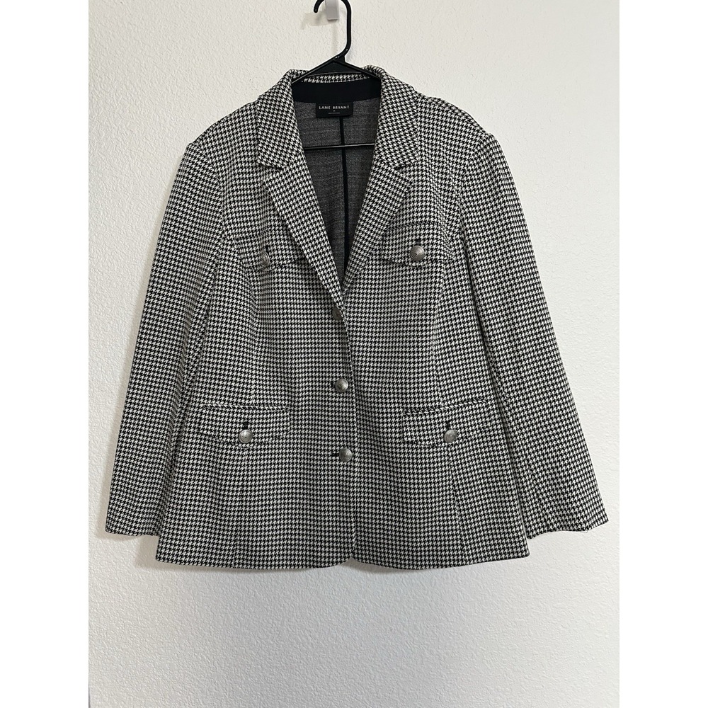 Lane Bryant Women's 18 Houndstooth Blazer Black White Crest Button Jacket Office